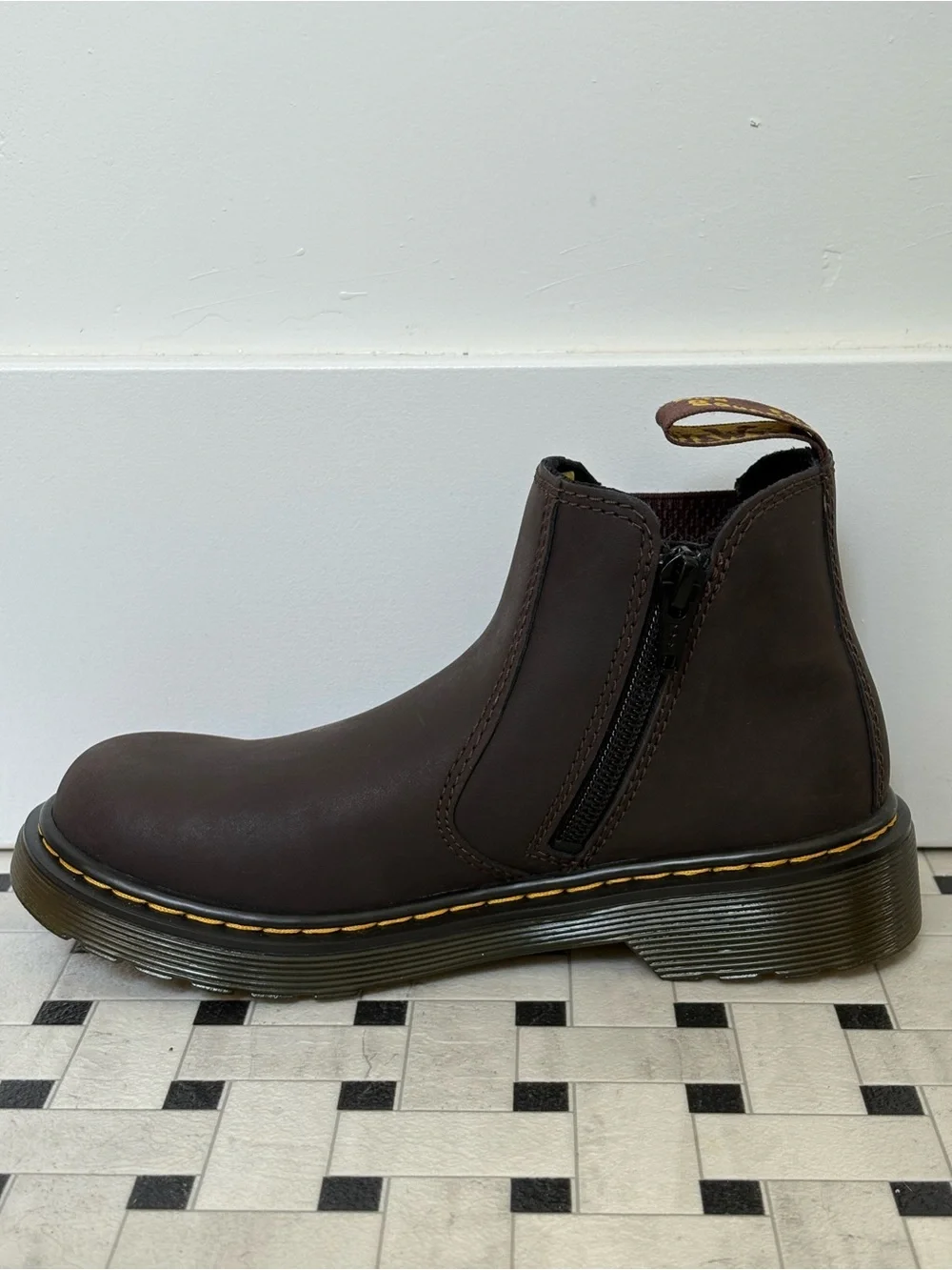 Dr. Martens Kids Dark Brown Chelsea Boots with Yellow Pull Tab and Zipper